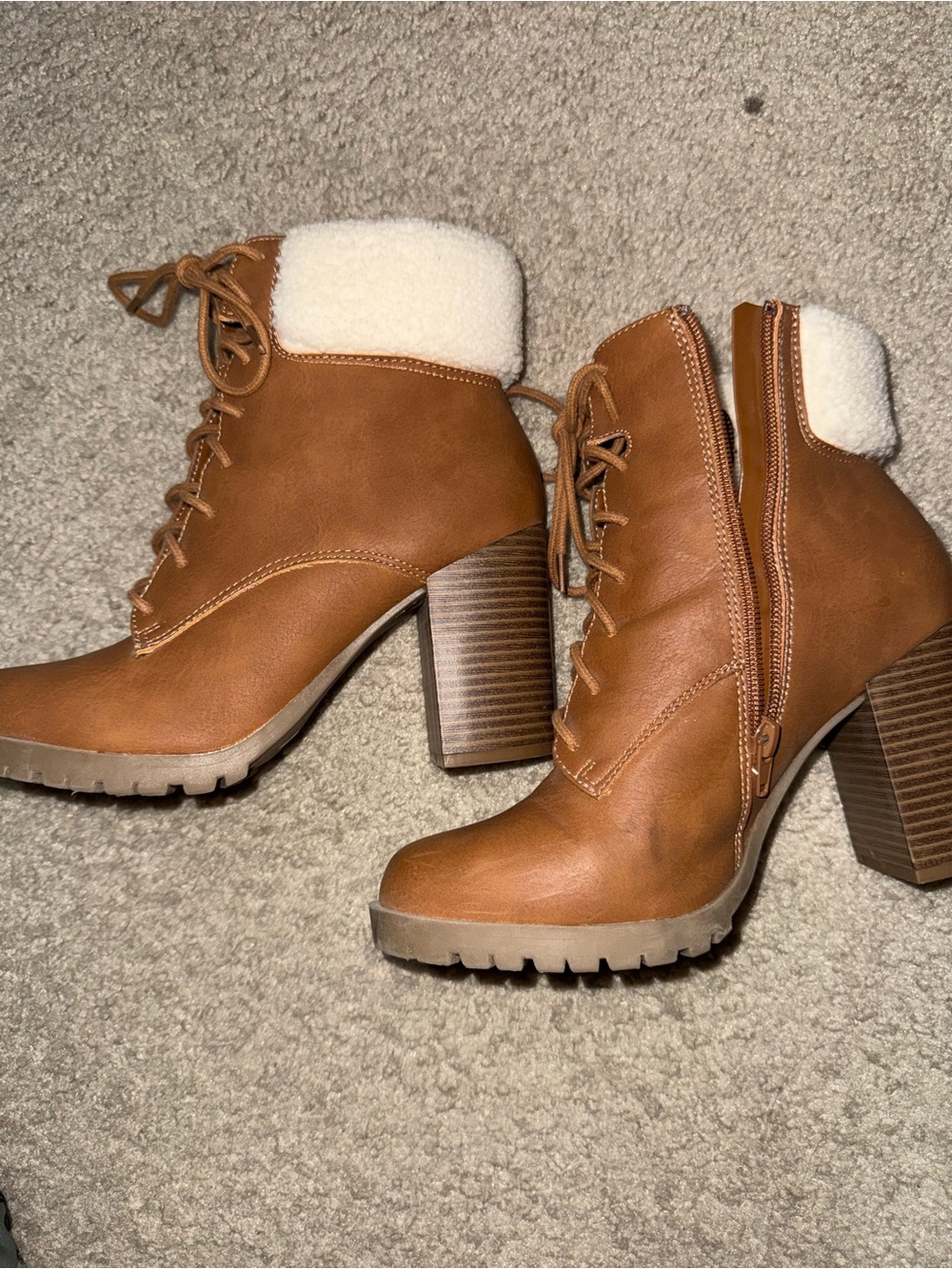 a.n.a Brown Lace-Up Block Heel Ankle Boots with Sherpa Cuff
